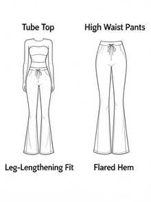 BamGleam Summer Women Letter Label Strapless Ruched Tube Top High Waist Drawstring Flare Pants Set, Casual Athleisure Solid 2 Pieces Outfits Olive Green Work - Army Green - View 8