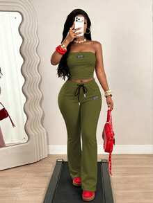 BamGleam Summer Women Letter Label Strapless Ruched Tube Top High Waist Drawstring Flare Pants Set, Casual Athleisure Solid 2 Pieces Outfits Olive Green Work - Army Green - View 4