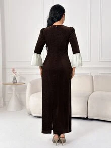 Al Najma Women's Patchwork Ribbon Crew Neck Bell Sleeve Fitted Elegant Arabian Dress - Brown - View 3
