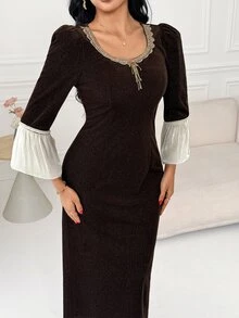 Al Najma Women's Patchwork Ribbon Crew Neck Bell Sleeve Fitted Elegant Arabian Dress - Brown - View 7