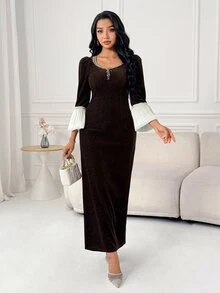 Al Najma Women's Patchwork Ribbon Crew Neck Bell Sleeve Fitted Elegant Arabian Dress - Brown - View 5