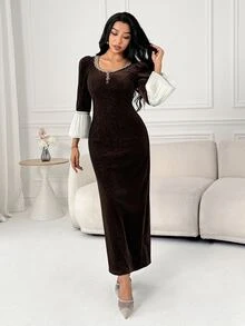 Al Najma Women's Patchwork Ribbon Crew Neck Bell Sleeve Fitted Elegant Arabian Dress - Brown - View 4