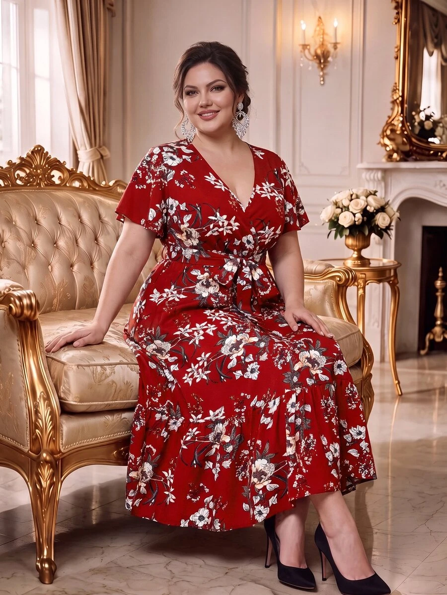 Rometta 大码波西米亚风节日花卉印花荷叶边下摆长款夏季连衣裙新年女装 - 紅色 - 查看 1