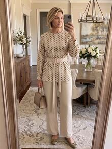 Hansera Women's Polka Dot Print Long Sleeve Top And Pants 2 Pieces Set - Apricot - View 6