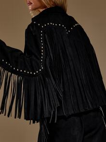 MUSERA Faux Suede V Front Lapel Fringed Studded Loose Fit Jacket Autumn Winter Fall Western Cowgirl Cute - Black - View 3