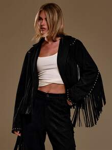MUSERA Faux Suede V Front Lapel Fringed Studded Loose Fit Jacket Autumn Winter Fall Western Cowgirl Cute - Black - View 4