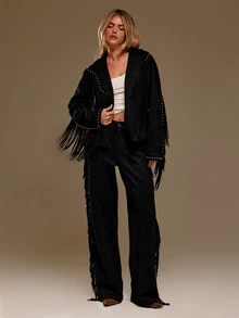 MUSERA Faux Suede V Front Lapel Fringed Studded Loose Fit Jacket Autumn Winter Fall Western Cowgirl Cute - Black - View 2