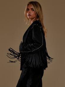 MUSERA Faux Suede V Front Lapel Fringed Studded Loose Fit Jacket Autumn Winter Fall Western Cowgirl Cute - Black - View 5