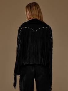 MUSERA Faux Suede V Front Lapel Fringed Studded Loose Fit Jacket Autumn Winter Fall Western Cowgirl Cute - Black - View 1