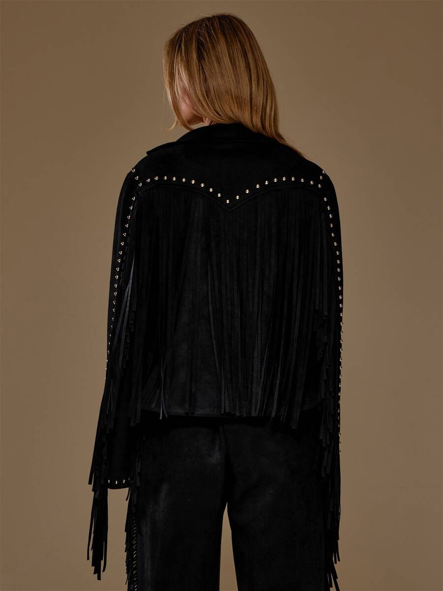 MUSERA Faux Suede V Front Lapel Fringed Studded Loose Fit Jacket Autumn Winter Fall Western Cowgirl Cute - Black - View 1