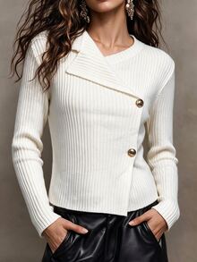 SHEIN Women's French Style Blazer Lapel Asymmetric Button Top, Ribbed Knit Luxury Gold Button Commuter Long Sleeve Sweater - Beige - View 1