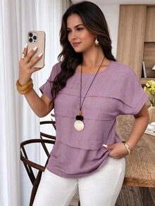 Weeklong Women's Plus Size Spring/Summer Casual Round Neck Pleated Loose Drop Shoulder Blouse, Suitable For Daily Wear And Vacation Chic - Purple - View 1