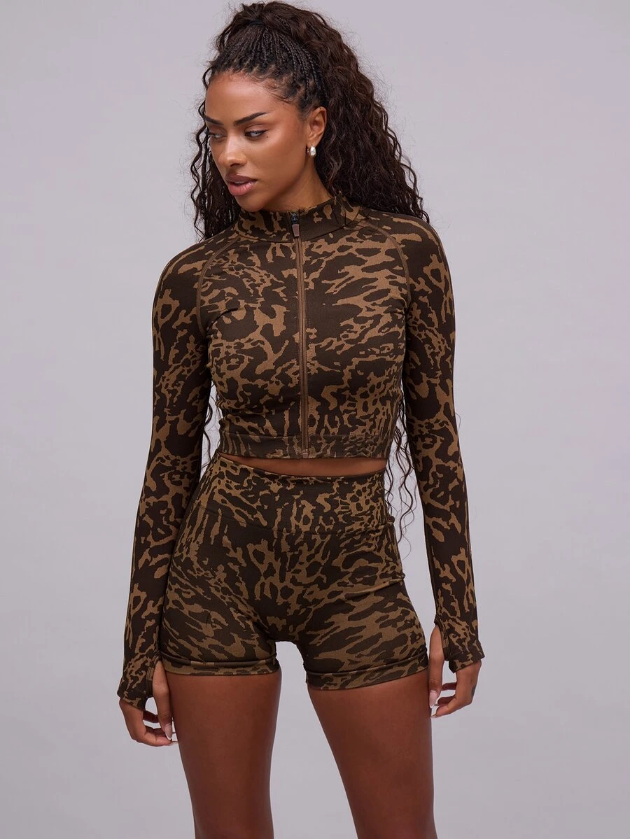 Musera Sport Cropped Zip Up Animal Print Seamless Contour Top Jacket, Padel, Tennis, Pickleball Gym Fitness - Multicolor - View 1