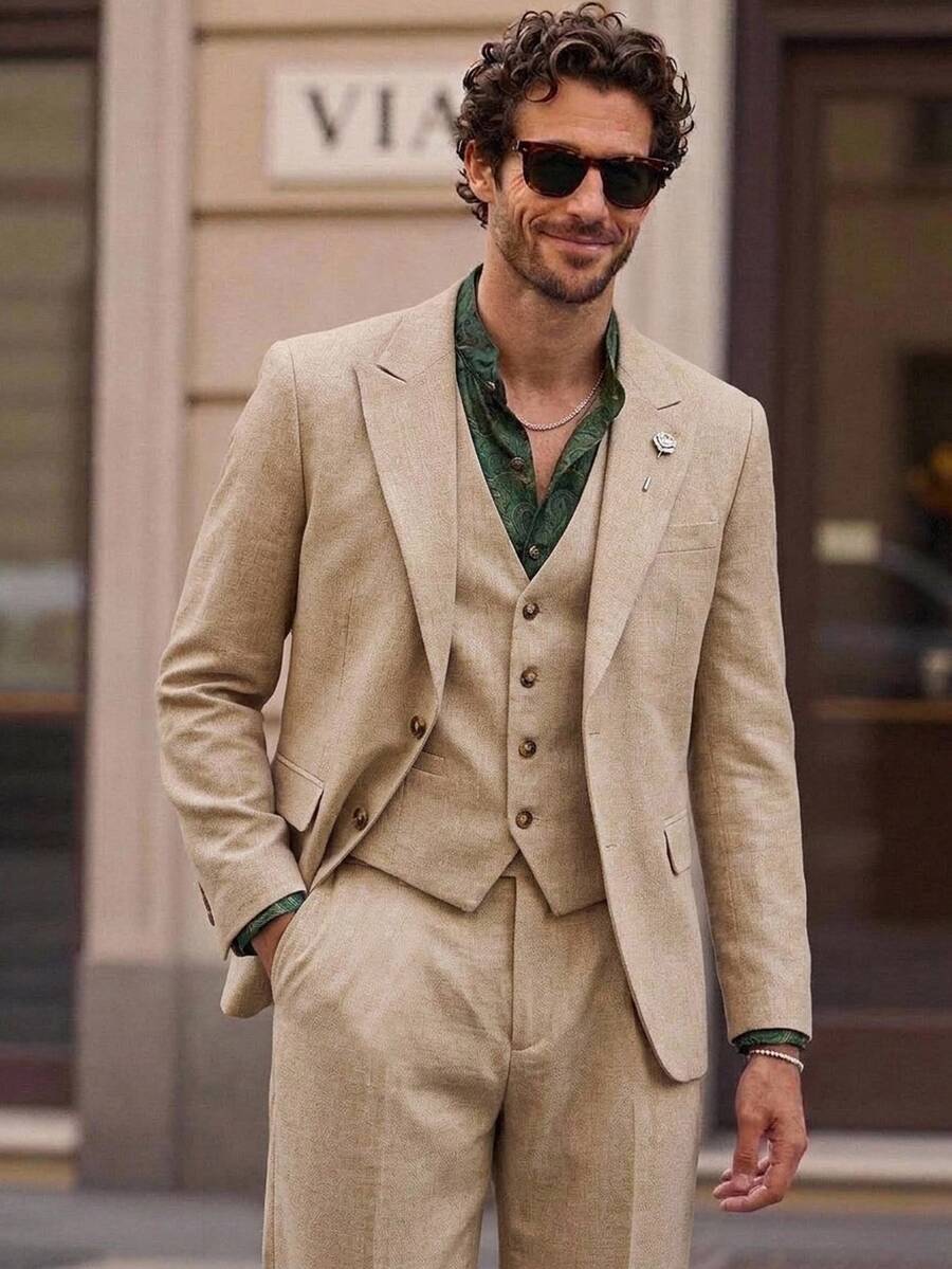 HIMLAND Men's 3-Piece Woven Fitted Casual Suit Vest Set, Suitable For Spring And Autumn, Suitable For Office - Khaki - View 1