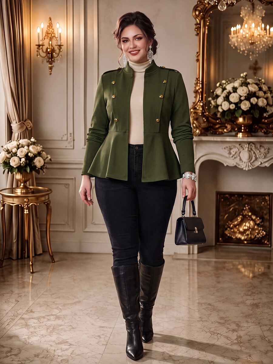 Rometta Women's Plus Size Casual Tailored Elegant Long Sleeve Jacket Business Formal Office Evening Party Autumn Olive Green - Army Green - View 1