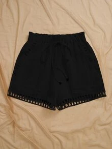 Bytebia Bytebia Women Casual Solid Paper Bag Waist Shorts, Summer - Black - View 5