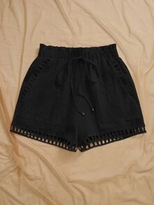 Bytebia Bytebia Women Casual Solid Paper Bag Waist Shorts, Summer - Black - View 4
