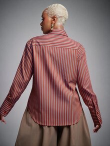 Vixey 定向條紋粗體加厚墊肩長袖襯衫附領結 - 紅色 - 查看 3