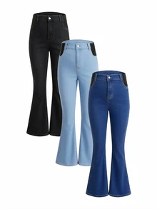 SHEIN Bộ 3 quần jeans bầu ống loe thường ngày đa năng có túi, nhiều màu - Nhiều màu - Xem 11