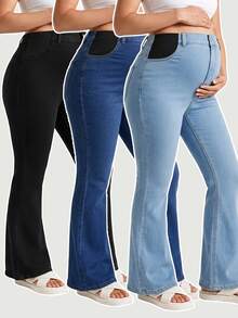 SHEIN Bộ 3 quần jeans bầu ống loe thường ngày đa năng có túi, nhiều màu - Nhiều màu - Xem 13