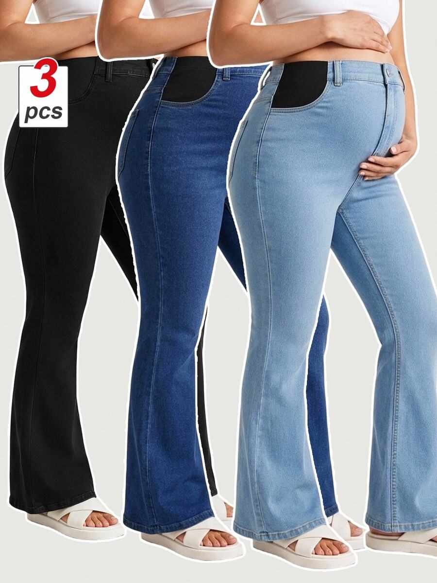 SHEIN Bộ 3 quần jeans bầu ống loe thường ngày đa năng có túi, nhiều màu - Nhiều màu - Xem 1