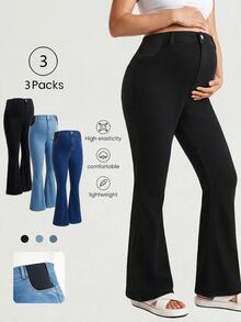 SHEIN Bộ 3 quần jeans bầu ống loe thường ngày đa năng có túi, nhiều màu - Nhiều màu - Xem 2