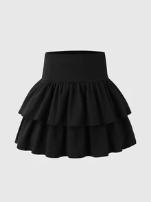 SHEIN 女童黑色迷你裙，雙層下擺，純色針織 A 字裙，內建短褲，日常穿著，秋季百搭 - 黑色 - 查看 4