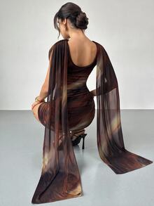 Firerie Dark Brown Chic Sexy Women's Ruched Mesh One Shoulder Mini Dress Abstract Pattern Bodycon Fit For Evening Events Night Elegant Party Formal New Year - Multicolor - View 3