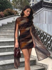 Firerie Dark Brown Chic Sexy Women's Ruched Mesh One Shoulder Mini Dress Abstract Pattern Bodycon Fit For Evening Events Night Elegant Party Formal New Year - Multicolor - View 9