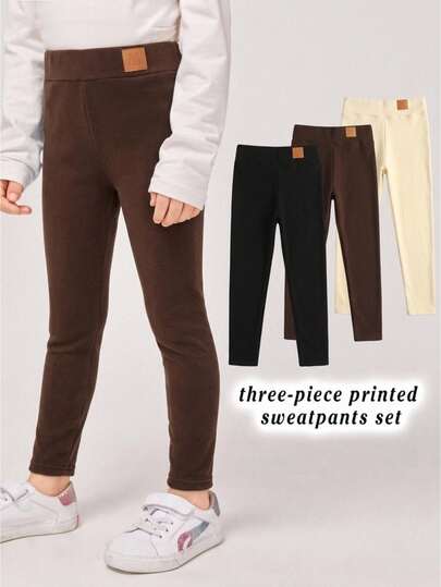 SHEIN Kids Tween Girl Casual Daily Fashion Black Brown Apricot Thermal Lined Winter Leggings 3pcs/Set