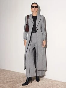Heiryn Women's Contrast Color Piping Front Button Casual Arab Long Sleeves Abaya Robe Set With Pant, Elegant Open Abaya Pant Set, For Casual Daily/Work - Grey - View 8