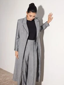 Heiryn Women's Contrast Color Piping Front Button Casual Arab Long Sleeves Abaya Robe Set With Pant, Elegant Open Abaya Pant Set, For Casual Daily/Work - Grey - View 5