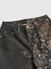 ROMWE Summer Outfit Vacation Music Festival Vintage New Chinese Style Patchwork Print Low Waist Tight Denim Shorts - Brown - View 3
