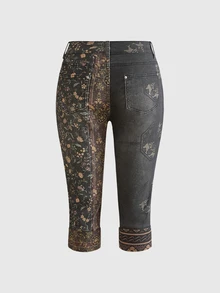ROMWE Summer Outfit Vacation Music Festival Vintage New Chinese Style Patchwork Print Low Waist Tight Denim Shorts - Brown - View 2