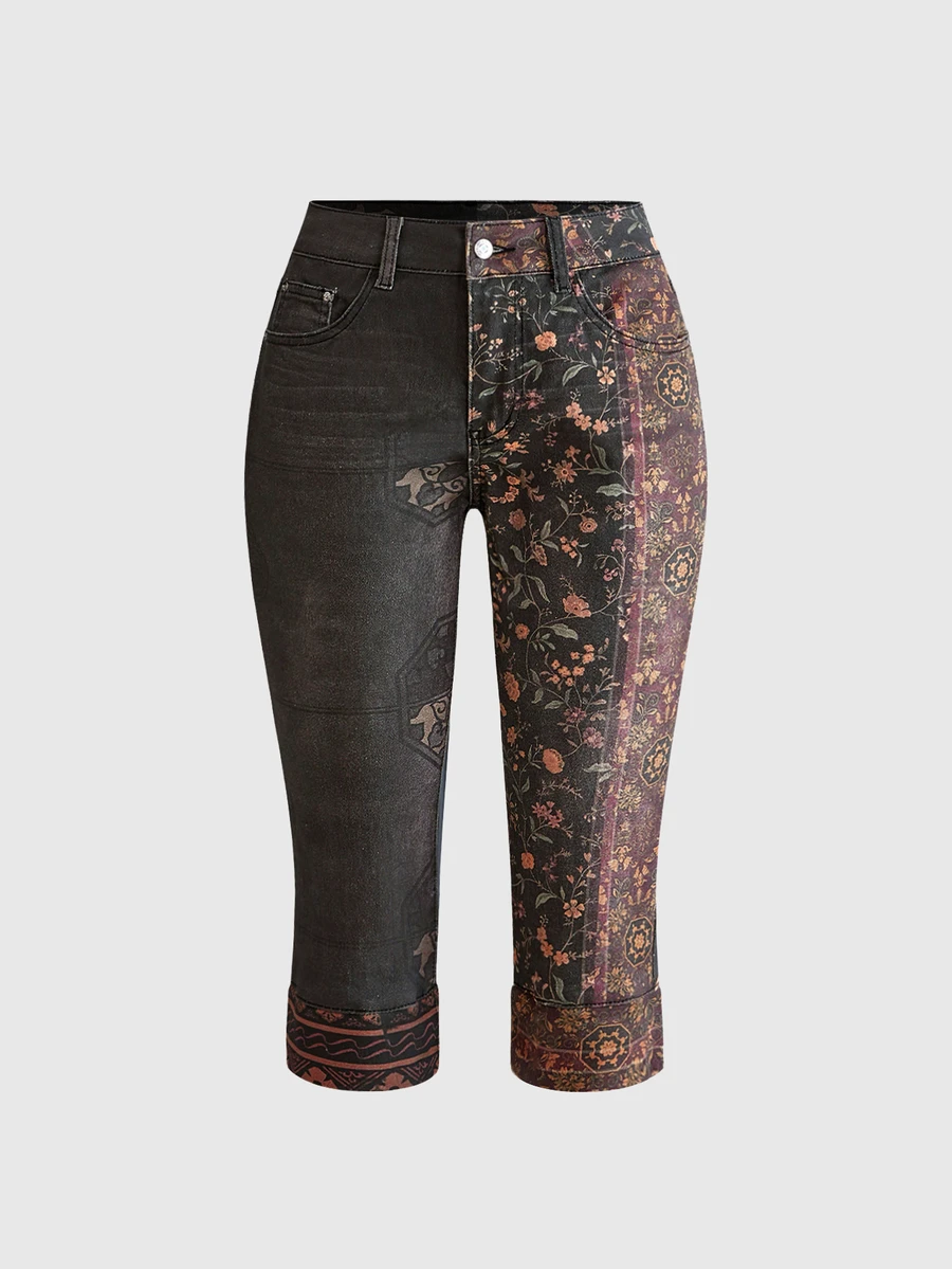 ROMWE Summer Outfit Vacation Music Festival Vintage New Chinese Style Patchwork Print Low Waist Tight Denim Shorts - Brown - View 1