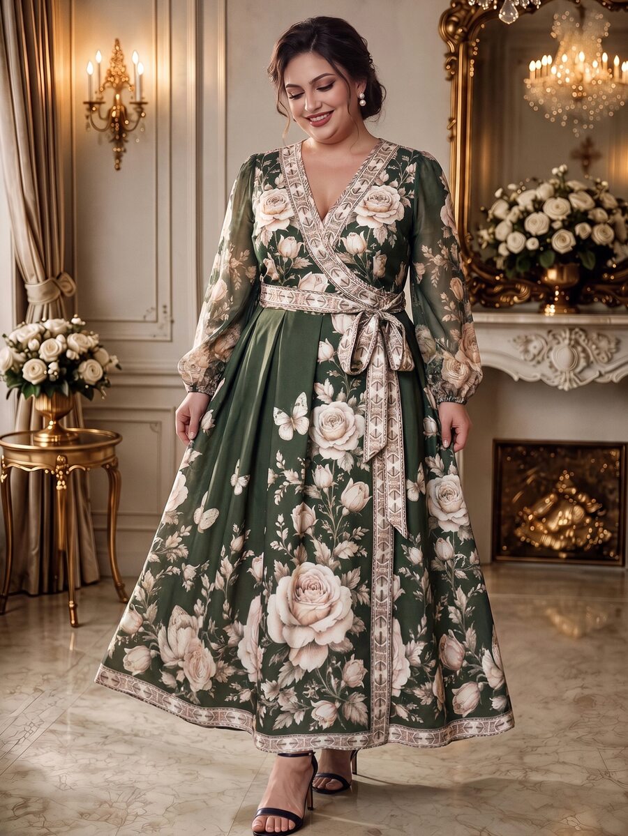 Rometta Plus Size Women's Floral Print Overlap V-Neck Tie Waist Elegant Dress Fall - Multicolor - View 1
