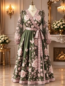 Rometta Plus Size Women's Floral Print Overlap V-Neck Tie Waist Elegant Dress Fall - Multicolor - View 3