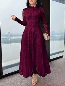 Feyla 女款優雅極簡純色對比蕾絲收腰洋裝，適合晚宴正式場合，酒紅色，秋季聖誕新年款 - 中紫紅色 - 查看 4