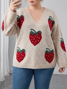 Elenzga Plus Size Autumn/Winter V-Neck Strawberry Jacquard Pullover Sweater, Loose Fit, Flattering, Soft Knit Top - Apricot - View 11