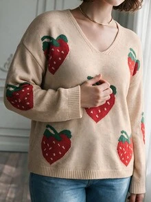 Elenzga Plus Size Autumn/Winter V-Neck Strawberry Jacquard Pullover Sweater, Loose Fit, Flattering, Soft Knit Top - Apricot - View 3
