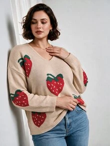 Elenzga Plus Size Autumn/Winter V-Neck Strawberry Jacquard Pullover Sweater, Loose Fit, Flattering, Soft Knit Top - Apricot - View 4