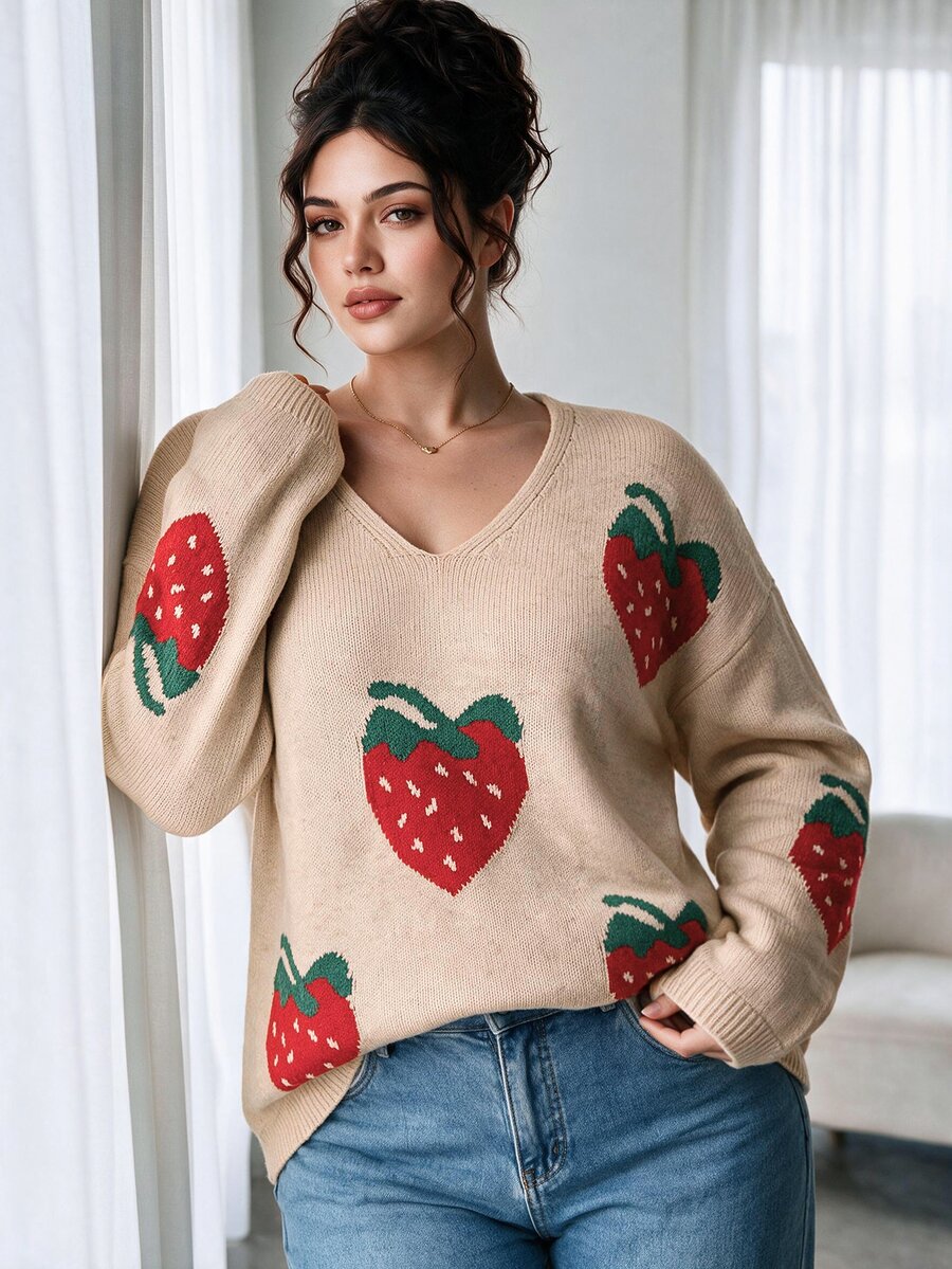 Elenzga Plus Size Autumn/Winter V-Neck Strawberry Jacquard Pullover Sweater, Loose Fit, Flattering, Soft Knit Top