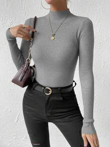 SHEIN Women's Slim-Fit Grey Pullover Sweater,Long Sleeve Tops Knit Pullover Fall Winter Sweater - Light Grey - View 3