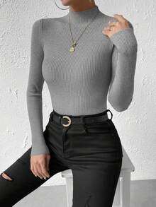 SHEIN Women's Slim-Fit Grey Pullover Sweater,Long Sleeve Tops Knit Pullover Fall Winter Sweater - Light Grey - View 5