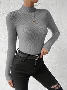 SHEIN Women's Slim-Fit Grey Pullover Sweater,Long Sleeve Tops Knit Pullover Fall Winter Sweater - Light Grey - View 4