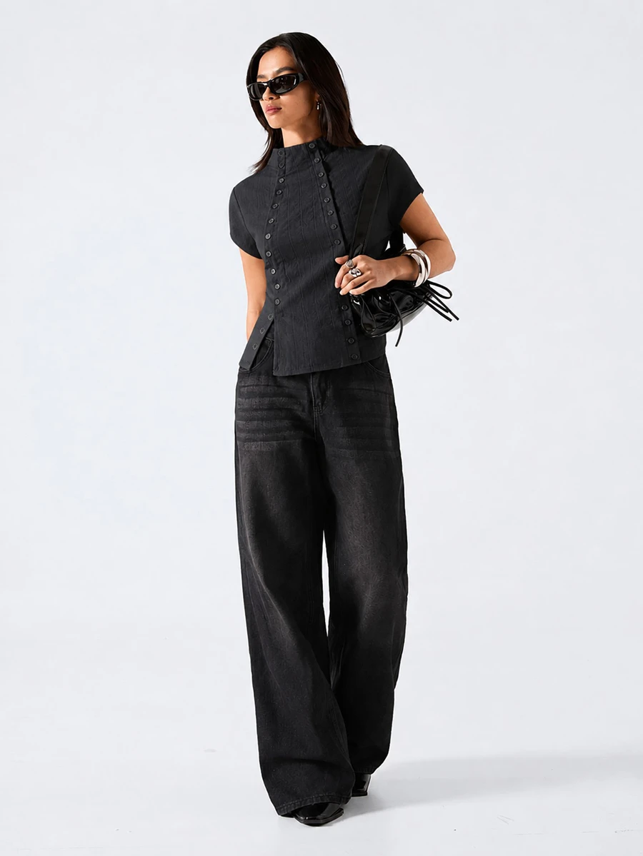 LYSMO 2026 New Minimalist Spring/Summer Women's Fashion Button-Up Turtleneck Blouse, Versatile For Daily Wear And Outings,Summer Top - Dark Grey - View 1