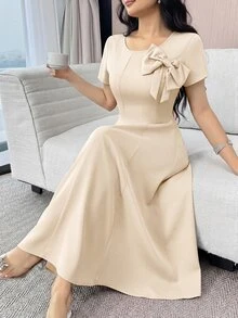 Modelyn Women's Elegant Solid Color Bow Decor Mid-Length Dress, Summer,Dresses For Women Summer - Apricot - View 4