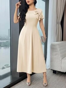 Modelyn Women's Elegant Solid Color Bow Decor Mid-Length Dress, Summer,Dresses For Women Summer - Apricot - View 6