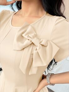 Modelyn Women's Elegant Solid Color Bow Decor Mid-Length Dress, Summer,Dresses For Women Summer - Apricot - View 7