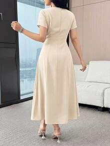 Modelyn Women's Elegant Solid Color Bow Decor Mid-Length Dress, Summer,Dresses For Women Summer - Apricot - View 3